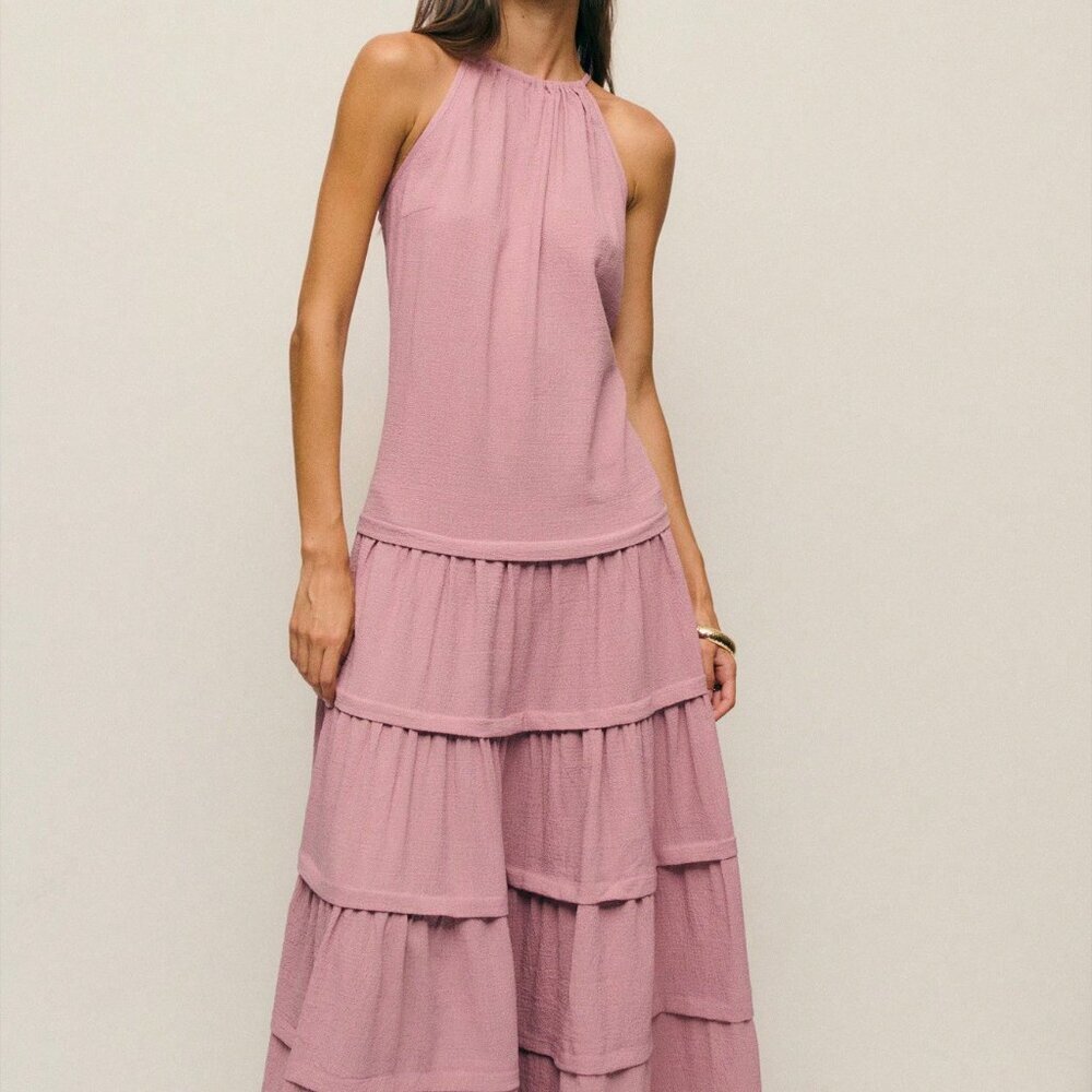 Rose Red Casual Women's Sleeveless High Neck Pleated Maxi Dress - Picture 5 of 6